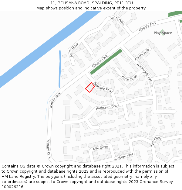 11, BELISANA ROAD, SPALDING, PE11 3FU: Location map and indicative extent of plot