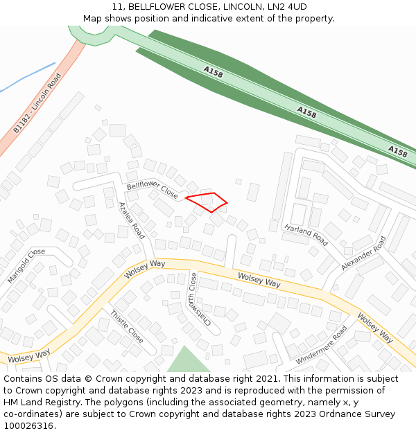 11, BELLFLOWER CLOSE, LINCOLN, LN2 4UD: Location map and indicative extent of plot