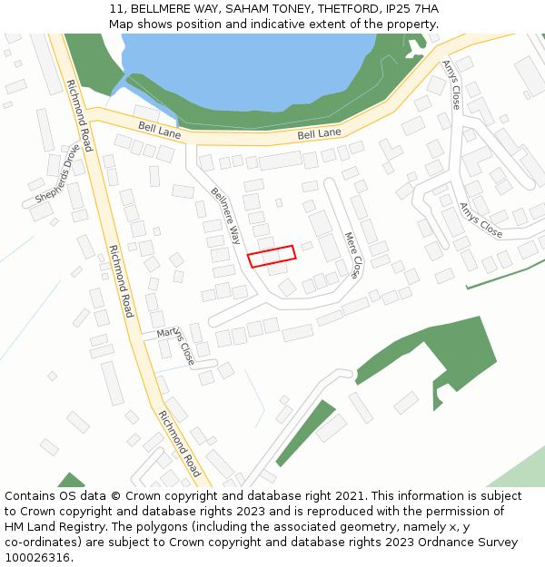 11, BELLMERE WAY, SAHAM TONEY, THETFORD, IP25 7HA: Location map and indicative extent of plot