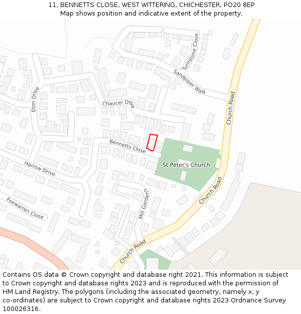 11, BENNETTS CLOSE, WEST WITTERING, CHICHESTER, PO20 8EP: Location map and indicative extent of plot