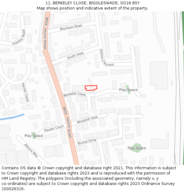 11, BERKELEY CLOSE, BIGGLESWADE, SG18 8SY: Location map and indicative extent of plot