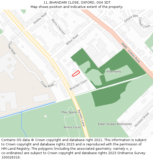 11, BHANDARI CLOSE, OXFORD, OX4 3DT: Location map and indicative extent of plot