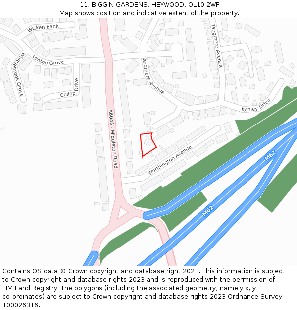 11, BIGGIN GARDENS, HEYWOOD, OL10 2WF: Location map and indicative extent of plot