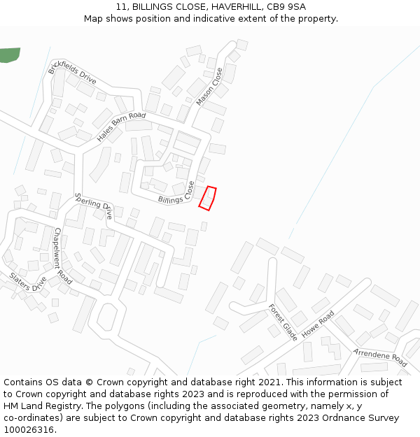 11, BILLINGS CLOSE, HAVERHILL, CB9 9SA: Location map and indicative extent of plot