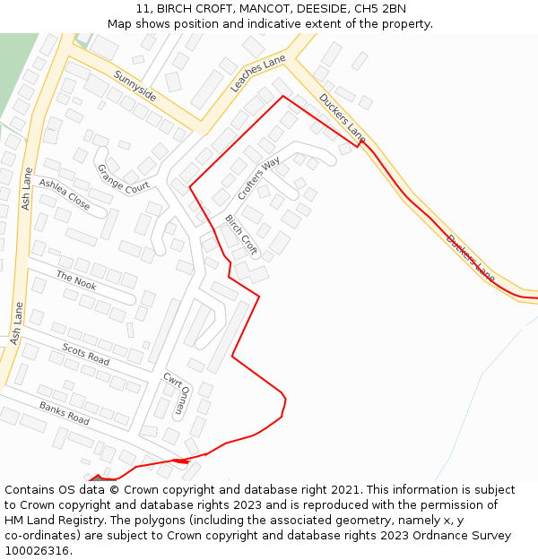 11, BIRCH CROFT, MANCOT, DEESIDE, CH5 2BN: Location map and indicative extent of plot