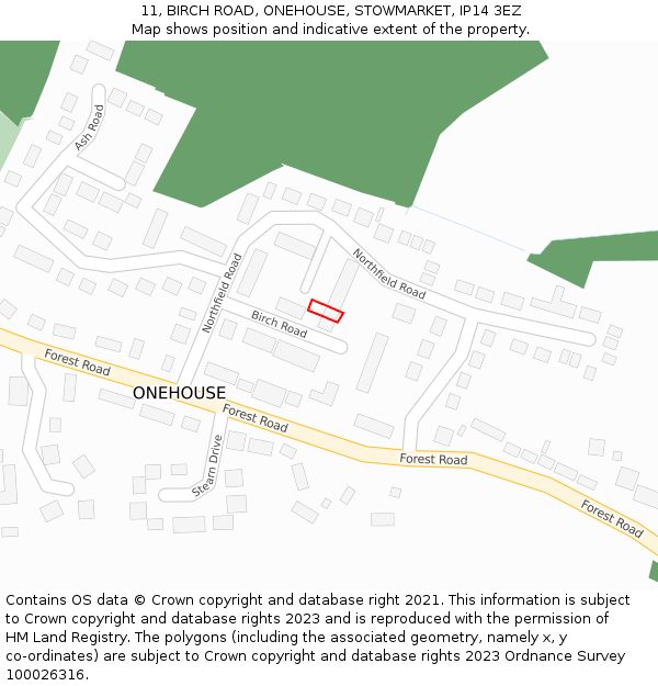 11, BIRCH ROAD, ONEHOUSE, STOWMARKET, IP14 3EZ: Location map and indicative extent of plot