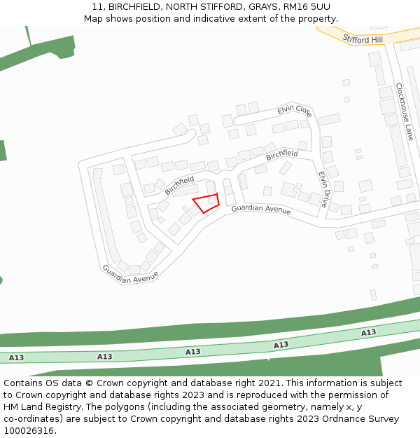 11, BIRCHFIELD, NORTH STIFFORD, GRAYS, RM16 5UU: Location map and indicative extent of plot