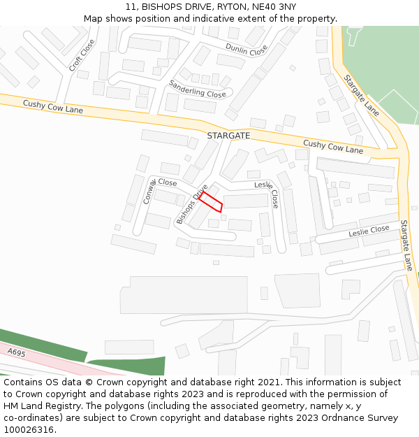 11, BISHOPS DRIVE, RYTON, NE40 3NY: Location map and indicative extent of plot