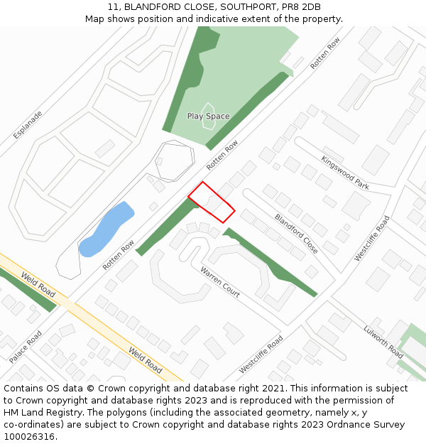 11, BLANDFORD CLOSE, SOUTHPORT, PR8 2DB: Location map and indicative extent of plot