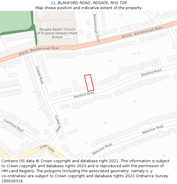 11, BLANFORD ROAD, REIGATE, RH2 7DP: Location map and indicative extent of plot