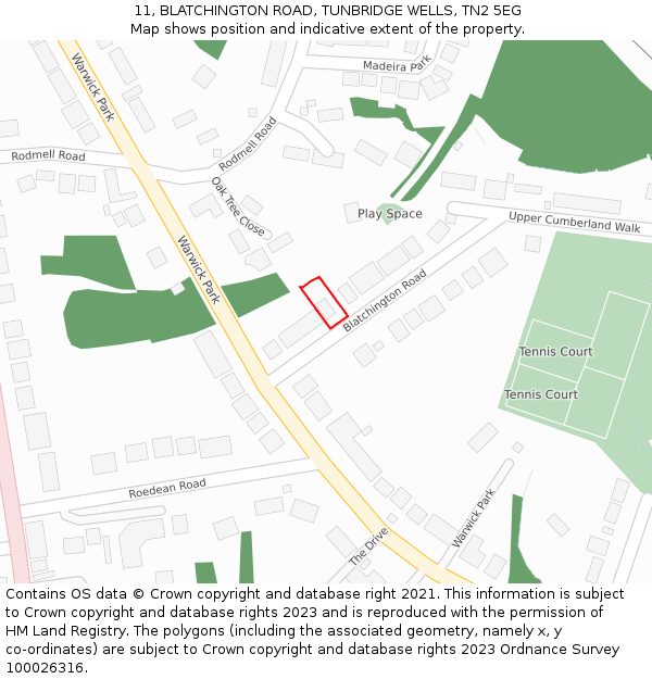 11, BLATCHINGTON ROAD, TUNBRIDGE WELLS, TN2 5EG: Location map and indicative extent of plot