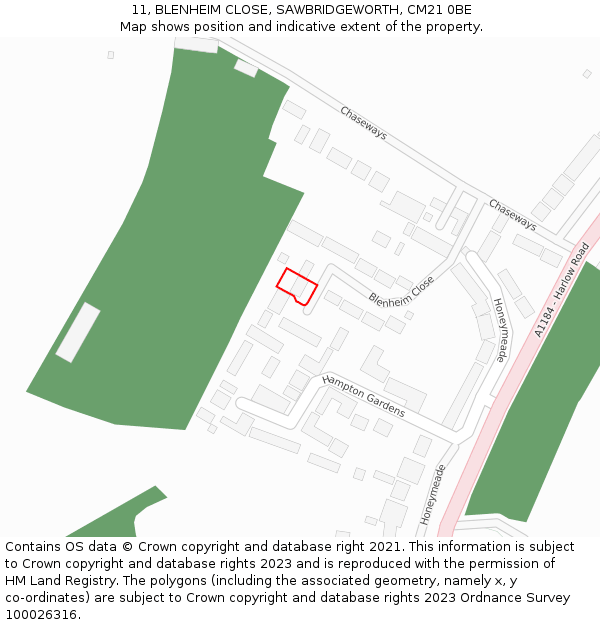 11, BLENHEIM CLOSE, SAWBRIDGEWORTH, CM21 0BE: Location map and indicative extent of plot