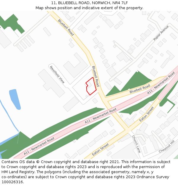 11, BLUEBELL ROAD, NORWICH, NR4 7LF: Location map and indicative extent of plot