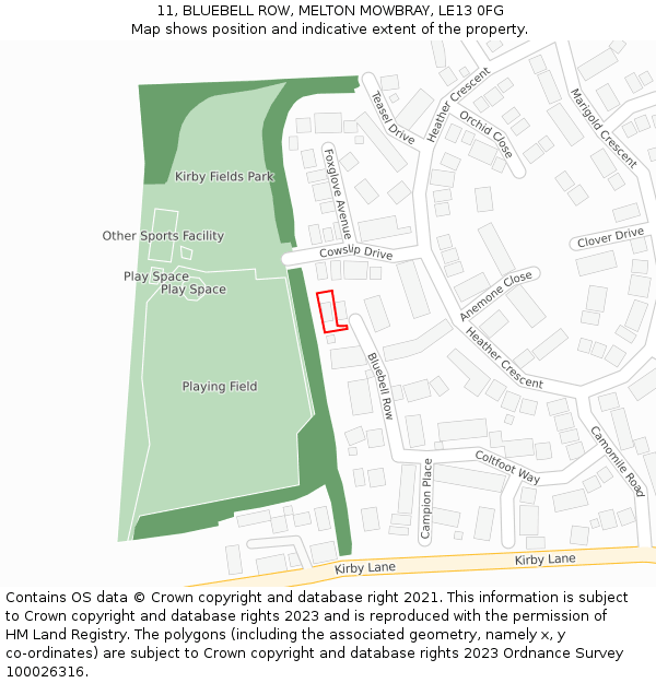 11, BLUEBELL ROW, MELTON MOWBRAY, LE13 0FG: Location map and indicative extent of plot