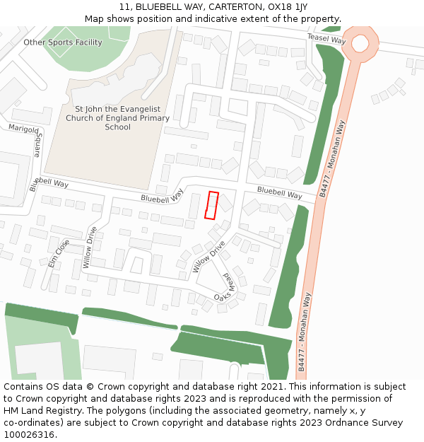 11, BLUEBELL WAY, CARTERTON, OX18 1JY: Location map and indicative extent of plot