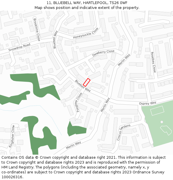 11, BLUEBELL WAY, HARTLEPOOL, TS26 0WF: Location map and indicative extent of plot