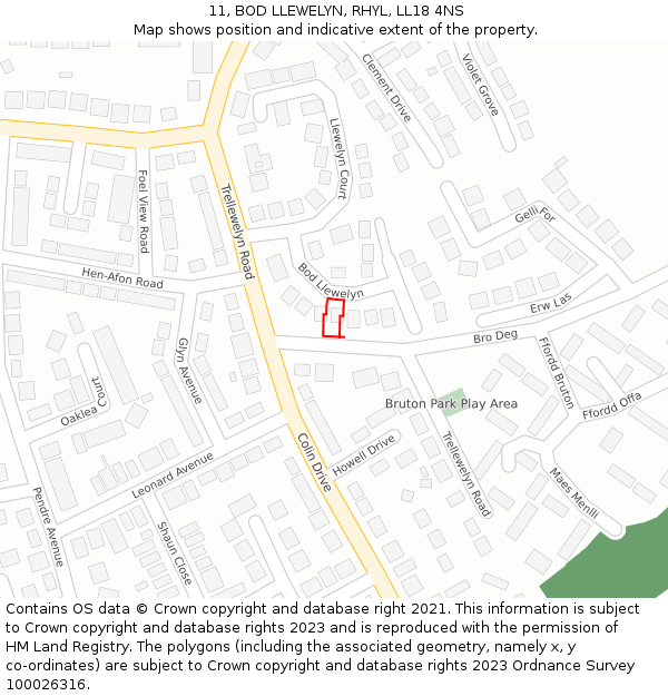 11, BOD LLEWELYN, RHYL, LL18 4NS: Location map and indicative extent of plot