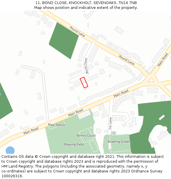 11, BOND CLOSE, KNOCKHOLT, SEVENOAKS, TN14 7NB: Location map and indicative extent of plot