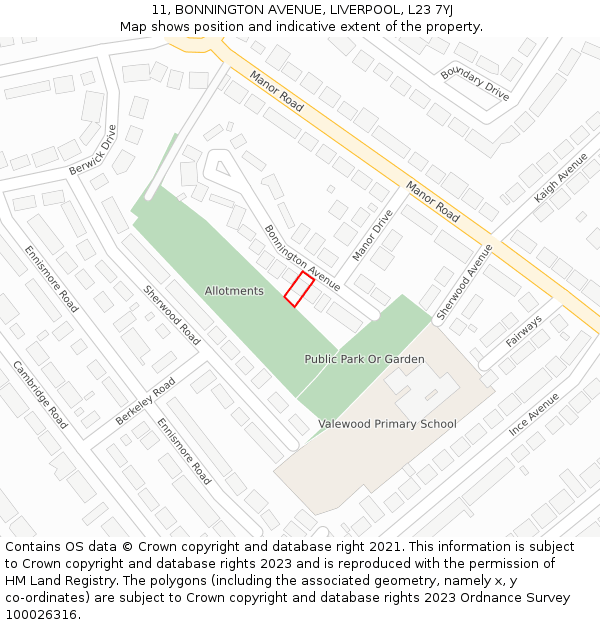 11, BONNINGTON AVENUE, LIVERPOOL, L23 7YJ: Location map and indicative extent of plot