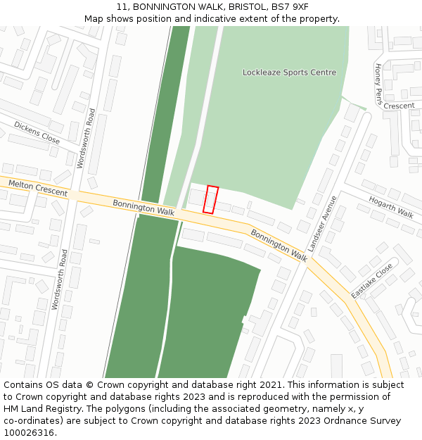 11, BONNINGTON WALK, BRISTOL, BS7 9XF: Location map and indicative extent of plot