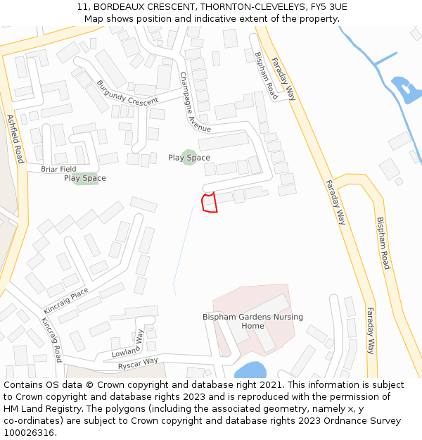 11, BORDEAUX CRESCENT, THORNTON-CLEVELEYS, FY5 3UE: Location map and indicative extent of plot