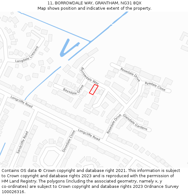 11, BORROWDALE WAY, GRANTHAM, NG31 8QX: Location map and indicative extent of plot