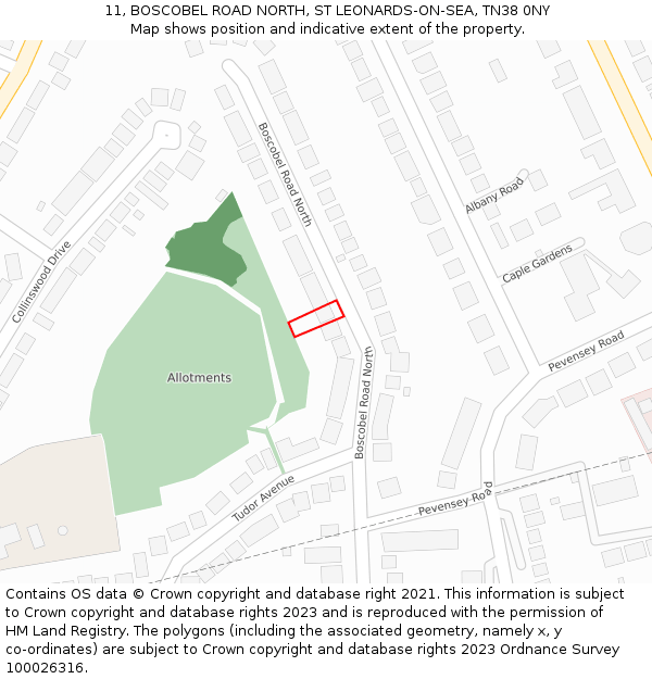 11, BOSCOBEL ROAD NORTH, ST LEONARDS-ON-SEA, TN38 0NY: Location map and indicative extent of plot