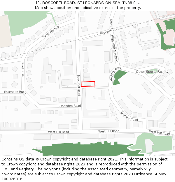 11, BOSCOBEL ROAD, ST LEONARDS-ON-SEA, TN38 0LU: Location map and indicative extent of plot