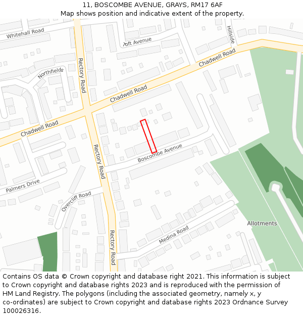 11, BOSCOMBE AVENUE, GRAYS, RM17 6AF: Location map and indicative extent of plot