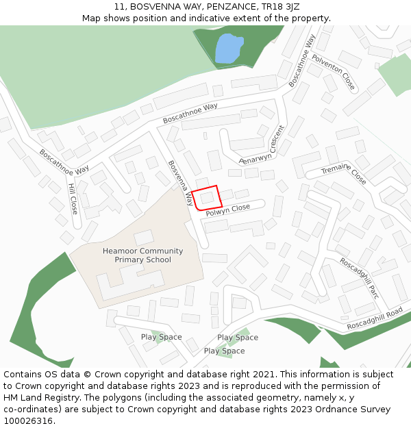 11, BOSVENNA WAY, PENZANCE, TR18 3JZ: Location map and indicative extent of plot