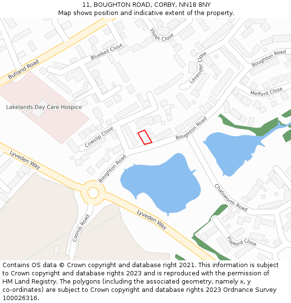 11, BOUGHTON ROAD, CORBY, NN18 8NY: Location map and indicative extent of plot