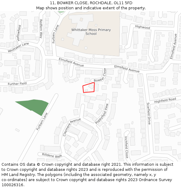 11, BOWKER CLOSE, ROCHDALE, OL11 5FD: Location map and indicative extent of plot