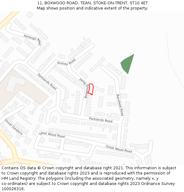 11, BOXWOOD ROAD, TEAN, STOKE-ON-TRENT, ST10 4ET: Location map and indicative extent of plot