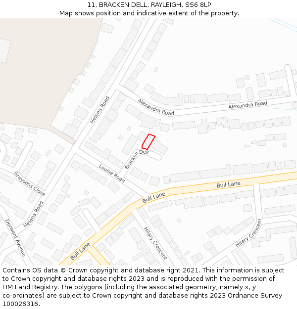 11, BRACKEN DELL, RAYLEIGH, SS6 8LP: Location map and indicative extent of plot