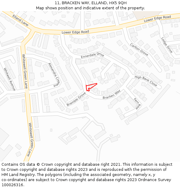 11, BRACKEN WAY, ELLAND, HX5 9QH: Location map and indicative extent of plot