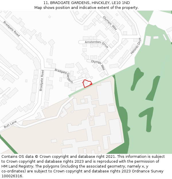 11, BRADGATE GARDENS, HINCKLEY, LE10 1ND: Location map and indicative extent of plot