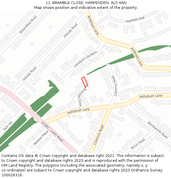 11, BRAMBLE CLOSE, HARPENDEN, AL5 4AN: Location map and indicative extent of plot