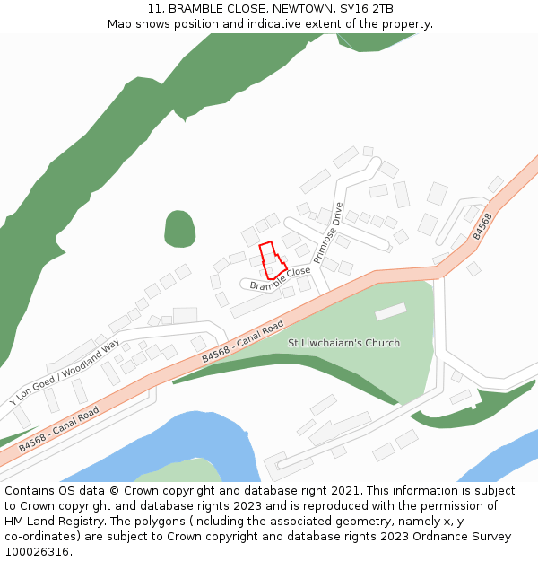 11, BRAMBLE CLOSE, NEWTOWN, SY16 2TB: Location map and indicative extent of plot