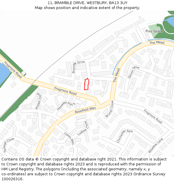11, BRAMBLE DRIVE, WESTBURY, BA13 3UY: Location map and indicative extent of plot