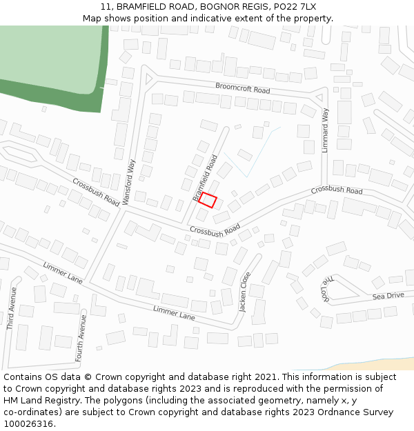 11, BRAMFIELD ROAD, BOGNOR REGIS, PO22 7LX: Location map and indicative extent of plot