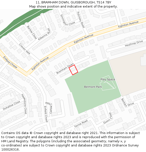 11, BRAMHAM DOWN, GUISBOROUGH, TS14 7BY: Location map and indicative extent of plot