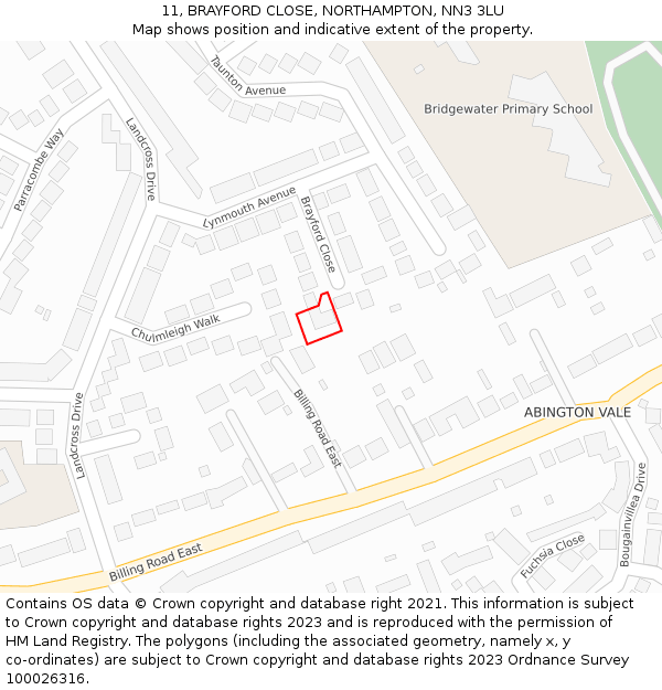 11, BRAYFORD CLOSE, NORTHAMPTON, NN3 3LU: Location map and indicative extent of plot