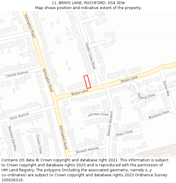 11, BRAYS LANE, ROCHFORD, SS4 3DW: Location map and indicative extent of plot