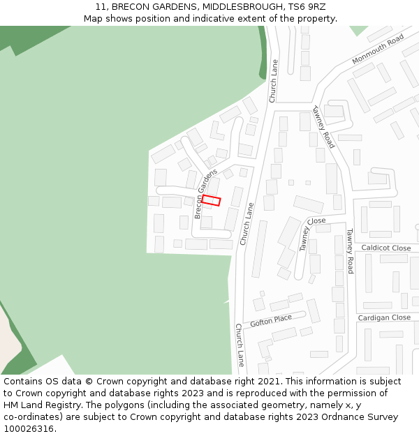 11, BRECON GARDENS, MIDDLESBROUGH, TS6 9RZ: Location map and indicative extent of plot