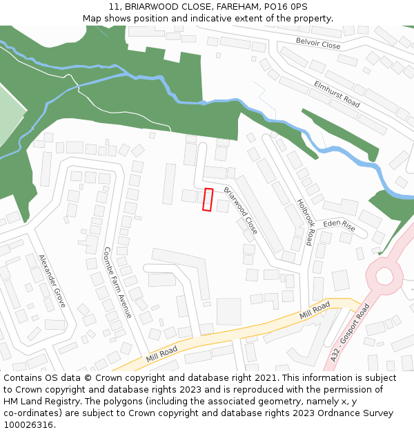11, BRIARWOOD CLOSE, FAREHAM, PO16 0PS: Location map and indicative extent of plot