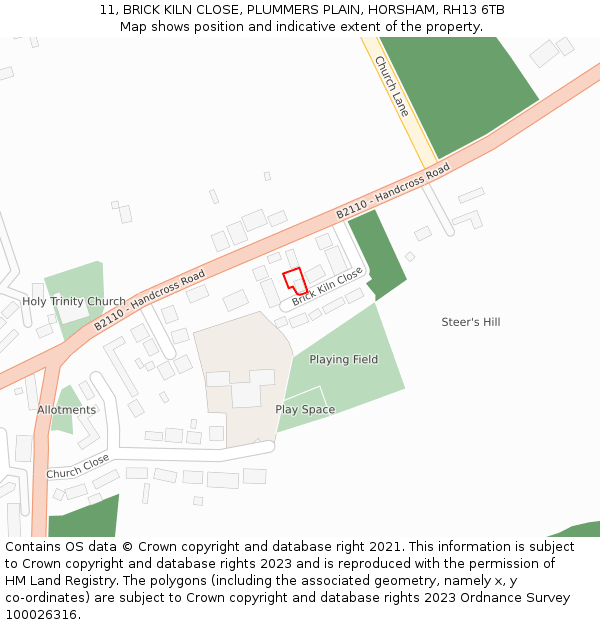 11, BRICK KILN CLOSE, PLUMMERS PLAIN, HORSHAM, RH13 6TB: Location map and indicative extent of plot