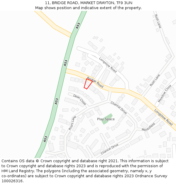 11, BRIDGE ROAD, MARKET DRAYTON, TF9 3UN: Location map and indicative extent of plot