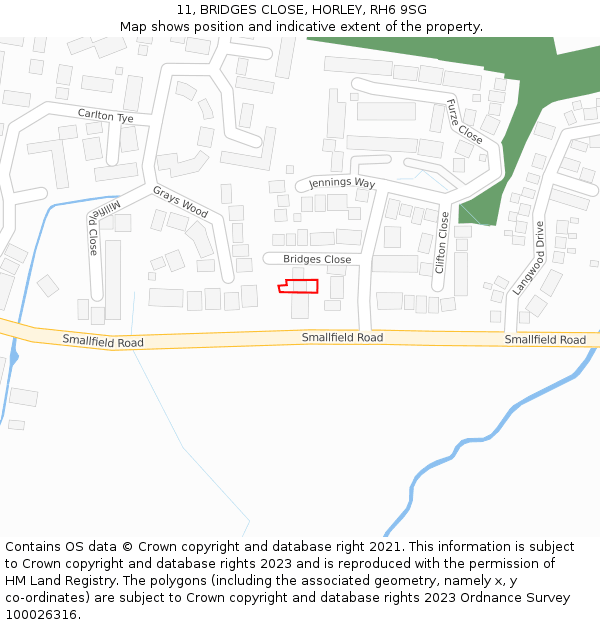 11, BRIDGES CLOSE, HORLEY, RH6 9SG: Location map and indicative extent of plot