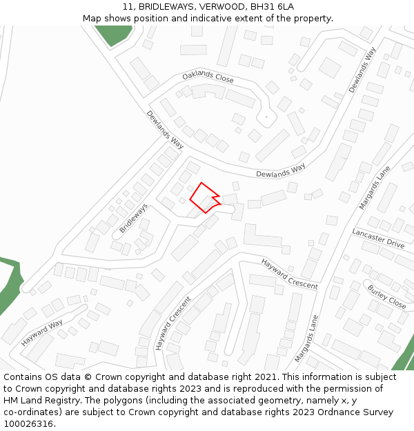 11, BRIDLEWAYS, VERWOOD, BH31 6LA: Location map and indicative extent of plot