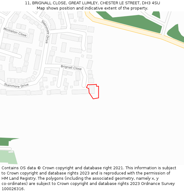 11, BRIGNALL CLOSE, GREAT LUMLEY, CHESTER LE STREET, DH3 4SU: Location map and indicative extent of plot